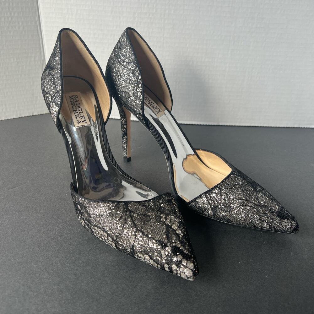 Badgley Mischka Black Lace‎ Silver Metallic D'Orsay Pointed Toe Pumps 9.5